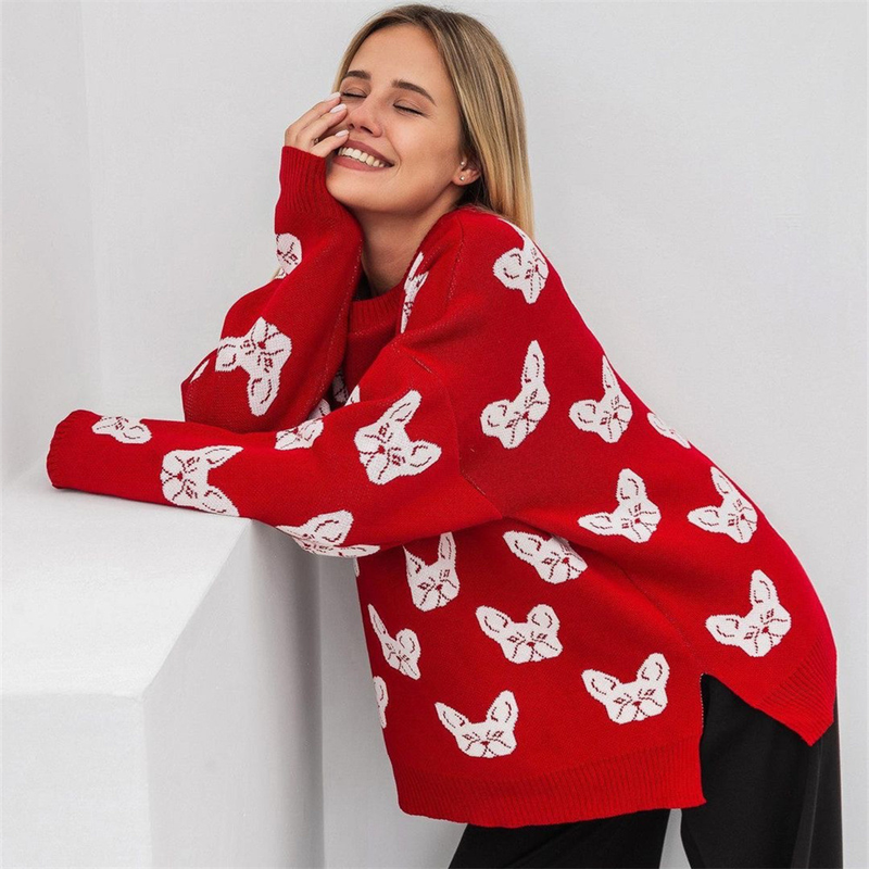 Suéter de cuello redondo con jacquard y cabeza de perro para mujer, nuevo estilo de otoño e invierno, estilo perezoso, suéter holgado, chaqueta_voghion.com