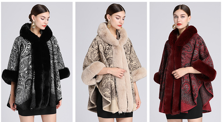 Cardigan in lana di grandi dimensioni con collo a scialle con cappuccio jacquard in pelliccia di coniglio rex di nuovo stile per donna_voghion.com