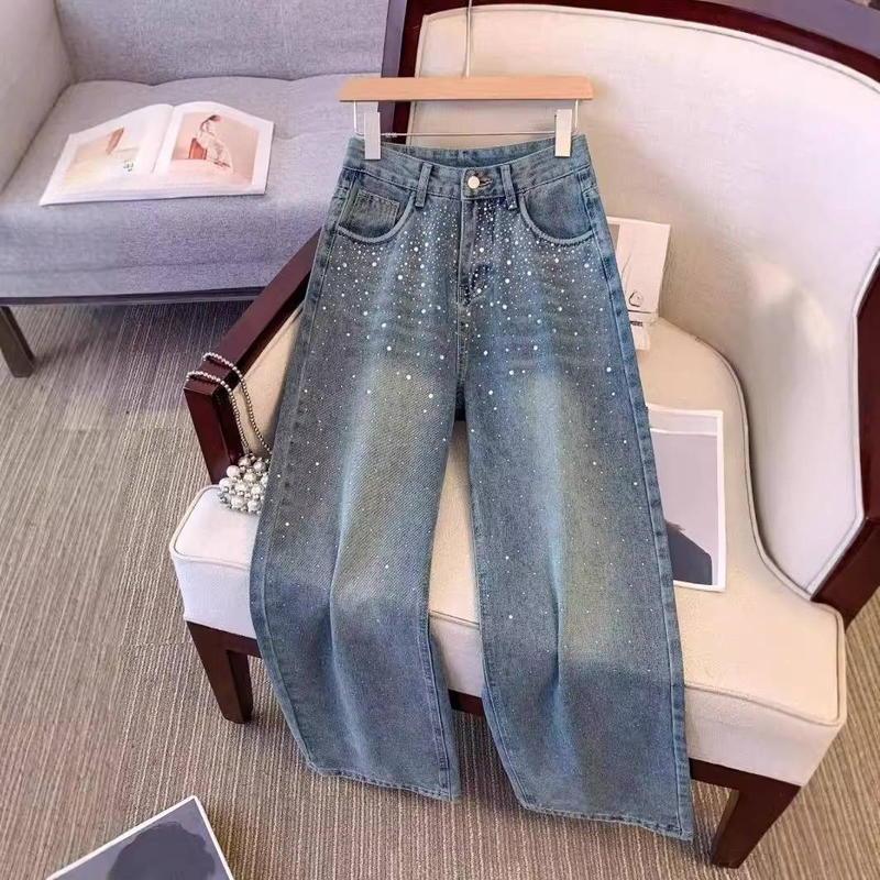 Abbigliamento da donna Jeans a gamba larga con diamanti caldi e resistenti in autunno Tendenza High Street Ins Pantaloni dritti larghi a vita alta e lunghi fino al pavimento_voghion.com