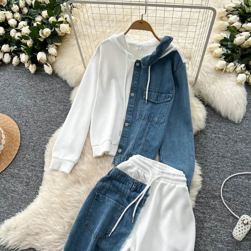 Traje informal para mujer, diseño de moda, sudadera con capucha de dos piezas con empalme, pantalones de mezclilla de cintura alta y pierna ancha con empalme_voghion.com