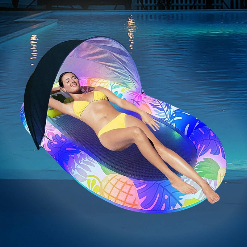 Aufblasbarer Sonnenschutz-Schwimmkörper mit LED-Leuchten, blumenförmiger Lounge-Sessel für Pool, Strand, See, atmungsaktive Netzrückenlehne, U-förmiger Sitz_voghion.com