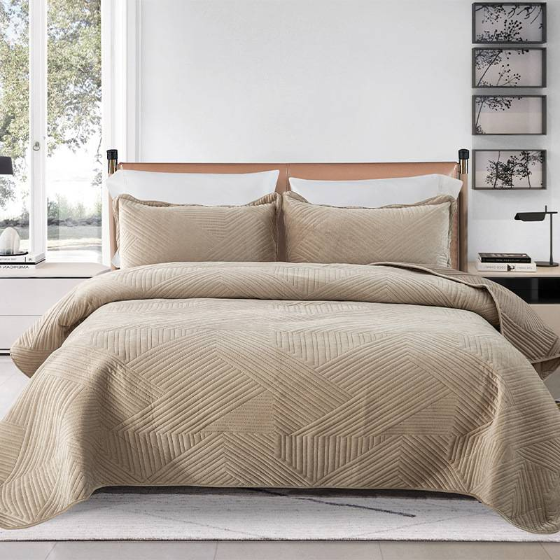Solid Color Crystal Fleece Quilted Bedspread Set - 3-Piece Luxury Soft Blanket For Home & Hotel (Hypoallergenic Machine Washable Queen/King Size)_voghion.com