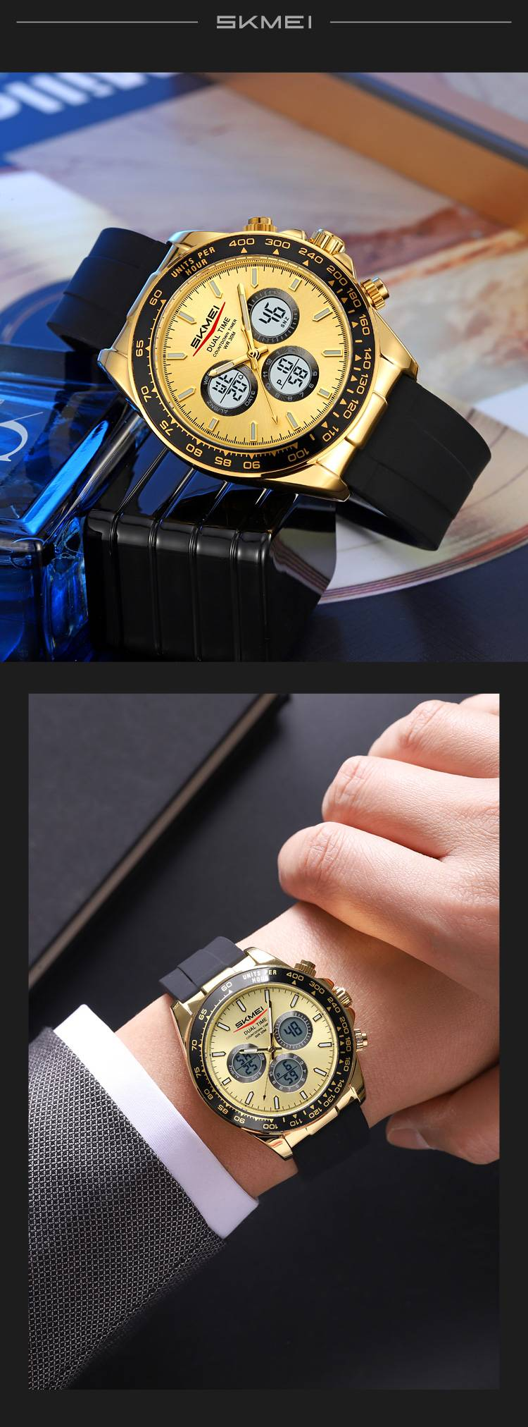 SKMEI 2 Multifunktionale Sportuhr: 30 m wasserdicht, Dualzeit, Alarm, EL-Hintergrundbeleuchtung, Wochen- und Datumsanzeige, schwarzes Armband, gold-/silbernes Gehäuse_voghion.com