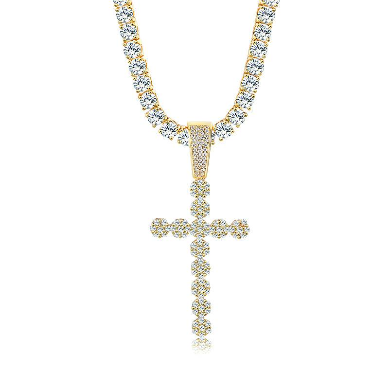 Collana con catena Hip Hop, ciondolo a croce con zirconi cubici di grandi dimensioni da donna, in oro e oro bianco, misure da 16 a 24 pollici._voghion.com