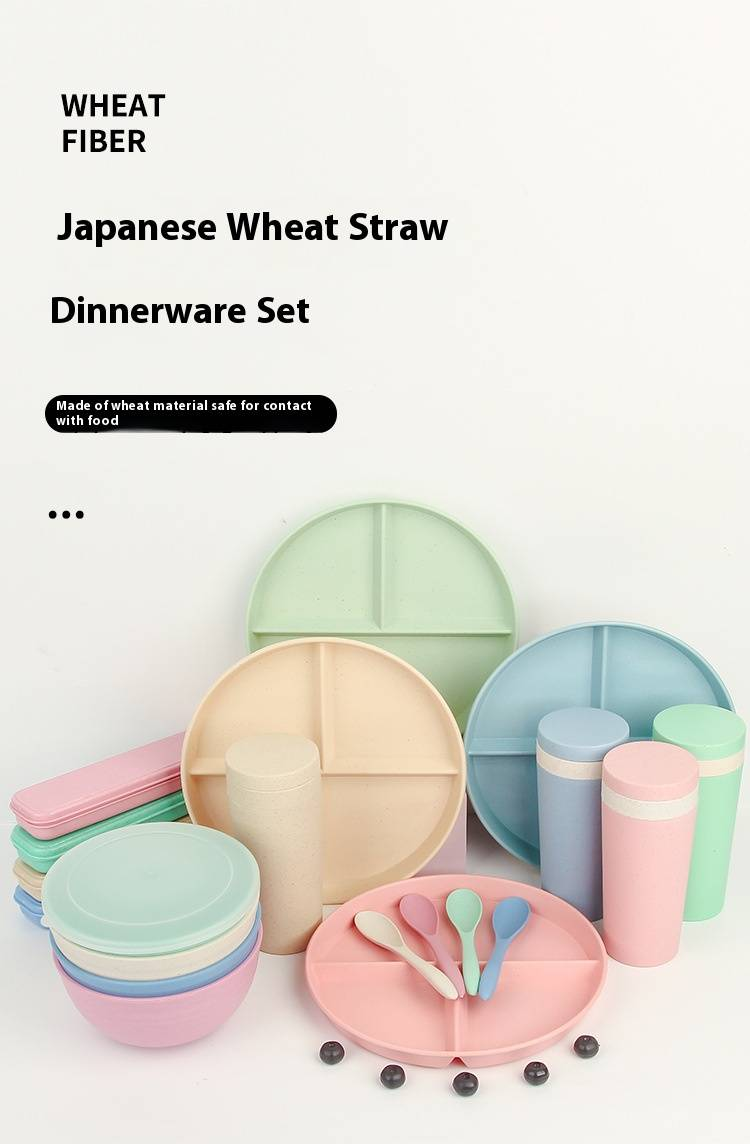 Eco-Friendly Wheat Straw Tableware Set – 5-Piece Dinner Plates, Bowls, Cutlery & Cup | BPA-Free, Microwave Safe, Lightweight & Durable_voghion.com
