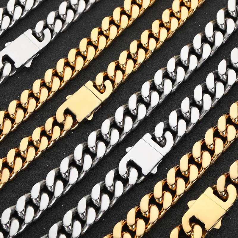 Men's Jewelry Stainless Steel Smooth Buckle Encryption Four Sided Grinding Cuban Necklace Real Gold Electroplating Hip Hop Titanium Steel_voghion.com