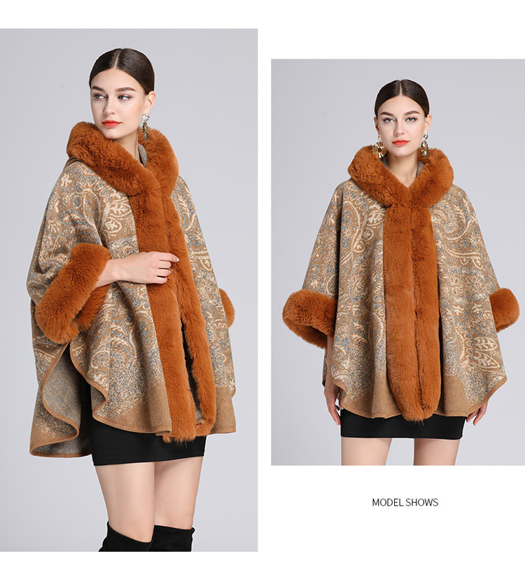 Cardigan in lana di grandi dimensioni con collo a scialle con cappuccio jacquard in pelliccia di coniglio rex di nuovo stile per donna_voghion.com