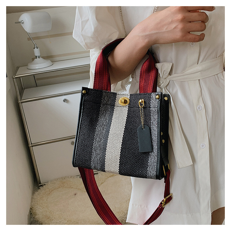 Borsa tote da donna, borsa tote a mano alla moda a righe da donna, borsa a tracolla monospalla in tela color-block di grande capacità_voghion.com
