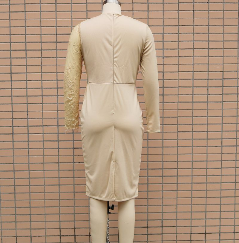 Vestido feminino com decote em V profundo manga comprida renda patchwork slim fit hip envoltório_voghion.com