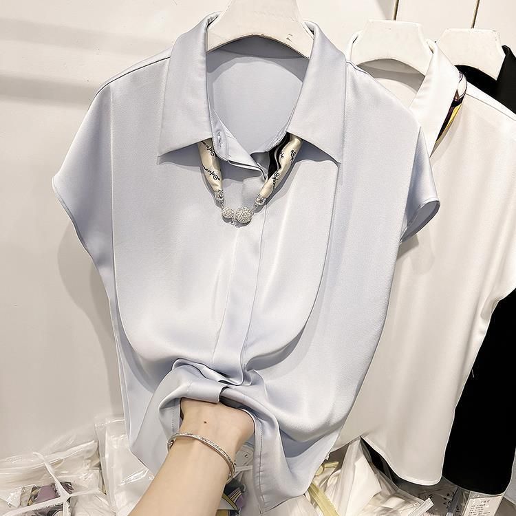 Camicia da donna estiva sottile con risvolto, in chiffon, a maniche corte, con decorazione in seta e sciarpa, stile temperamento_voghion.com