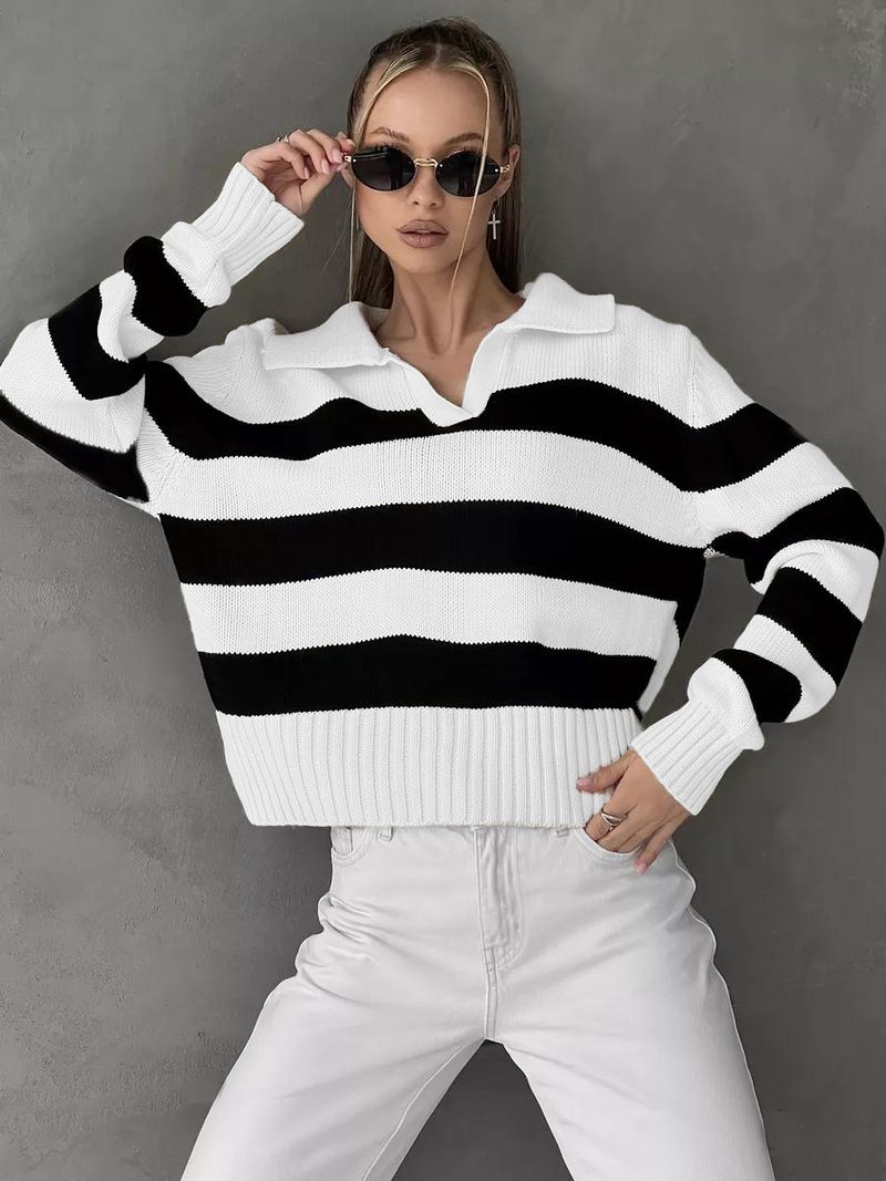 Maglione da donna lavorato a maglia con colletto polo - Pullover casual ampio a righe colorate per autunno inverno_voghion.com