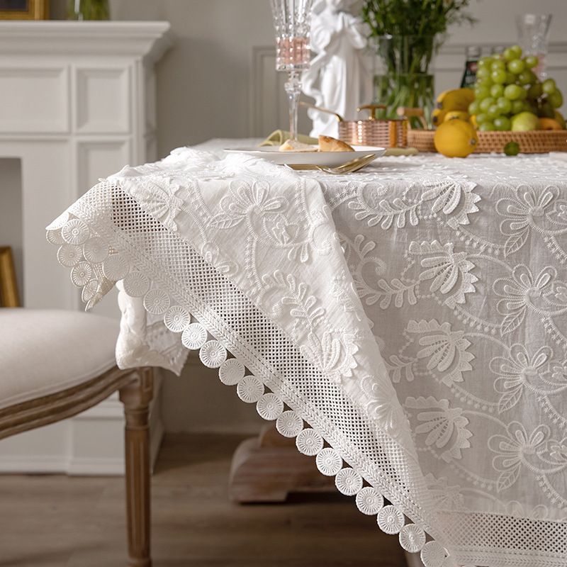 Lace Tablecloth White Dining Tablecloth Embroidered Trim Rectangular Coffee Tablecloth_voghion.com