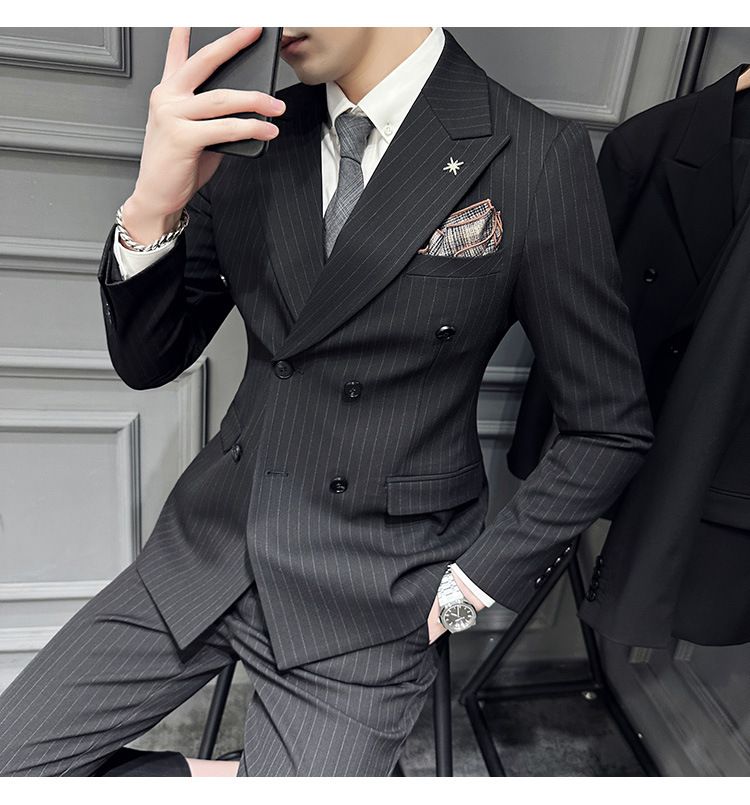 Britu stila moderns svītrains divrindu vīriešu līgavaiņa, līgavaiņa, kāzu kleitas, trīsdaļīga uzvalka komplekta tendence_voghion.com