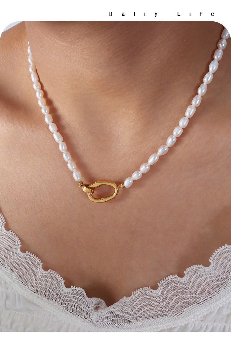 Temperament Persönlichkeit Design Süßwasser Perle Schlüsselbein Halskette Schmuck Set Aus Titan Stahl, Modische Und_voghion.com