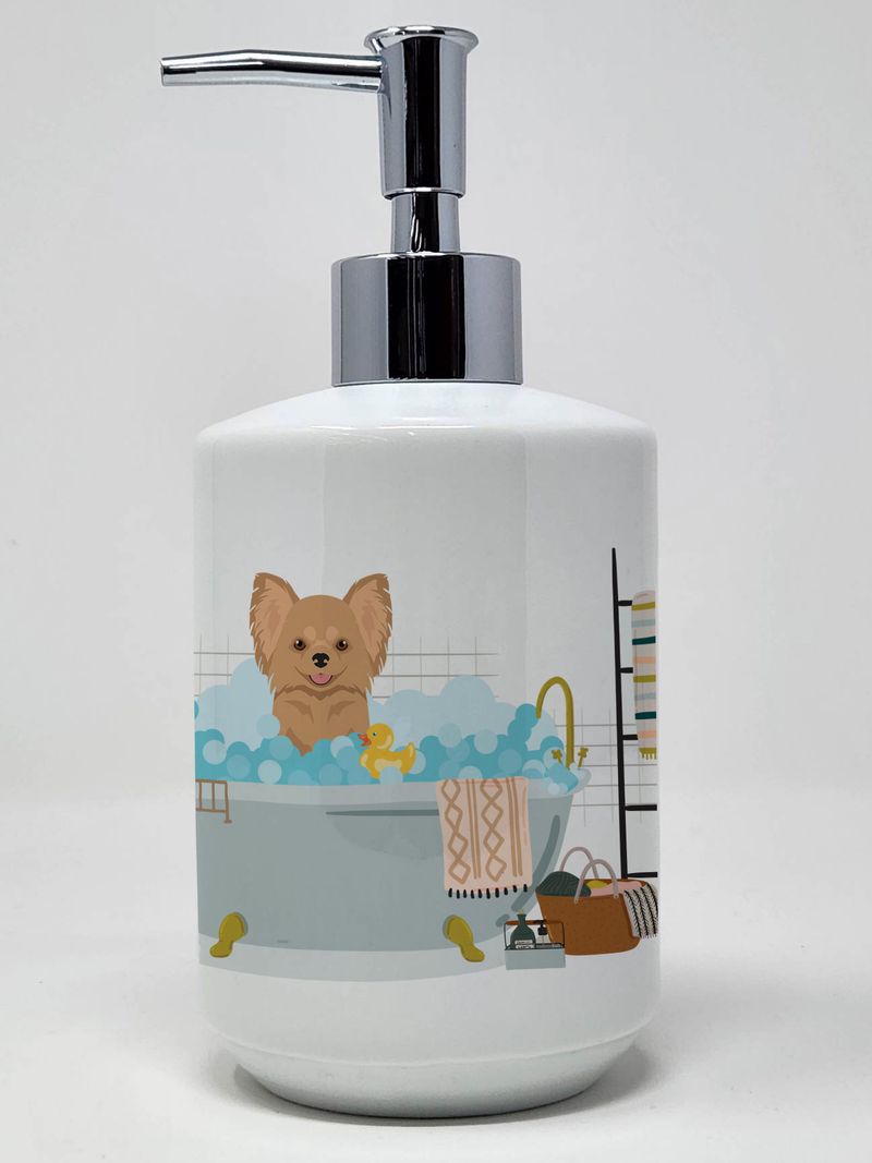 Longhaired Gold Chihuahua Ceramic Soap Dispenser Hand Soap Dispenser Pump Bottles for Bathroom Kitchen, Empty Refillable Liquid Soap Container_voghion.com