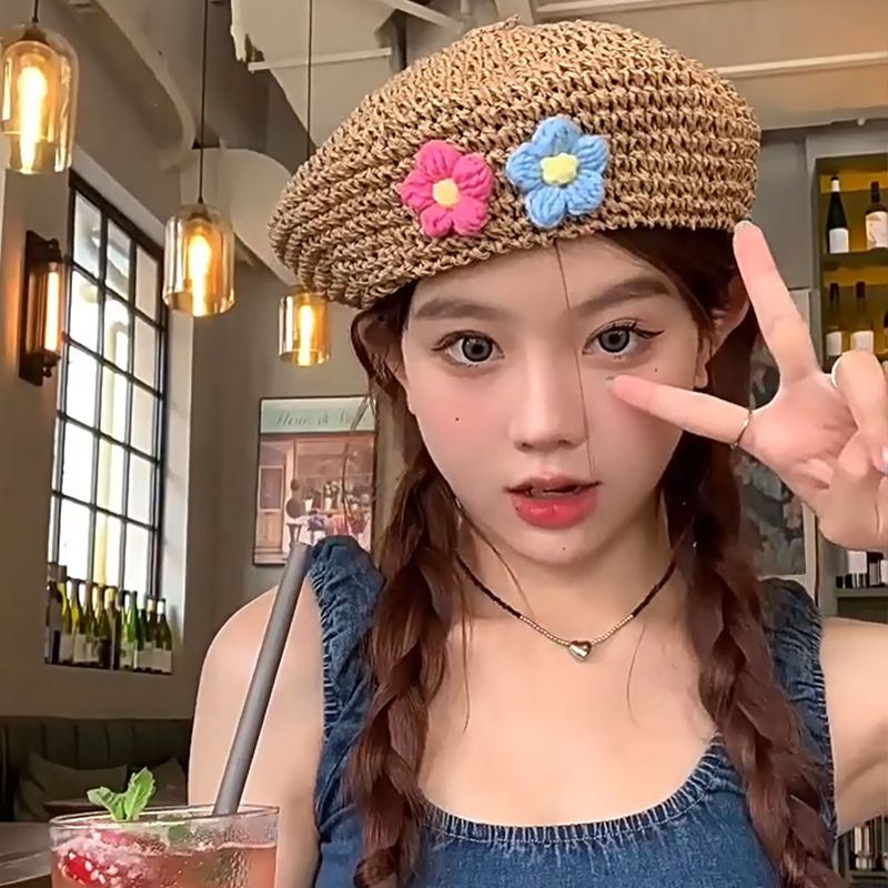 Hot Sale Straw Knitted Puff Flower Ladies Spring,summer And Autumn Thin Weaved Wild British Beret Hollow Painter Hat_voghion.com