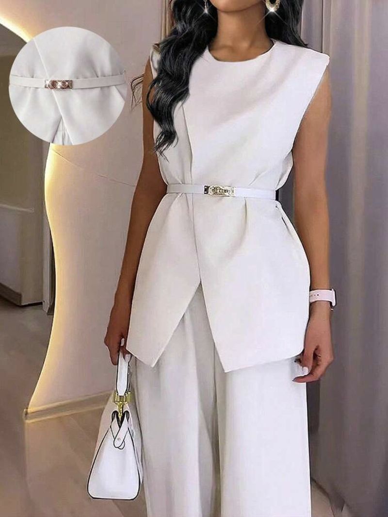 Damenbekleidung Einfarbige Oberteile Ärmelloser Gürtel Zweiteilige Hose Freizeitanzug_voghion.com