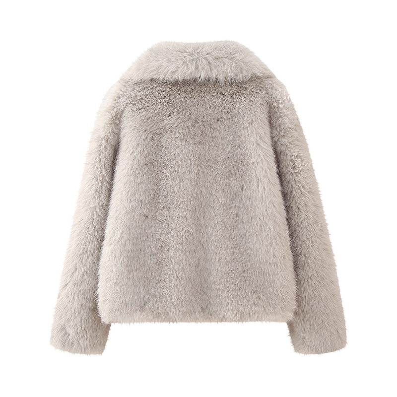 Jaqueta curta feminina com efeito de pele artificial para inverno_voghion.com