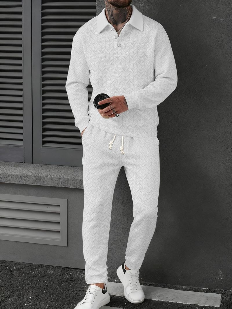 Completo polo e pantaloni a righe color grano da uomo – Completo sportivo a maniche lunghe per look casual e sportivi_voghion.com