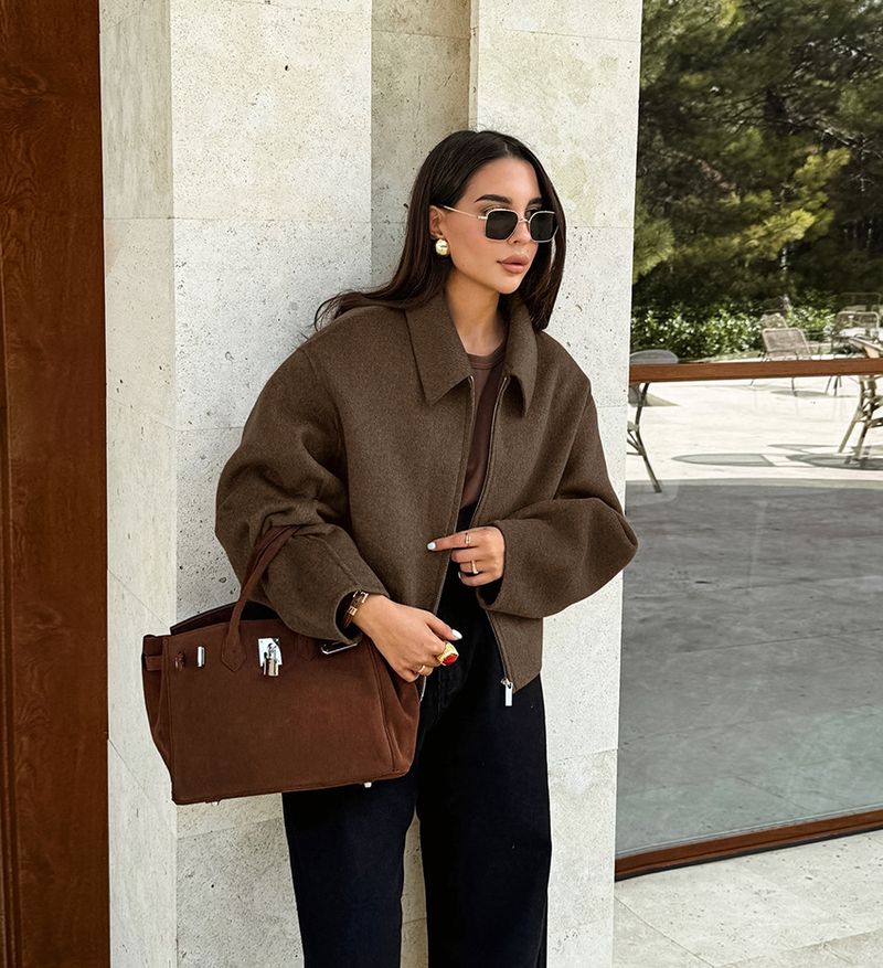 Damenbekleidung Langärmlige Tweedjacke mit Reißverschluss - Reversmantel mit entspannter Passform für Herbst und Winter, lässige, elegante Oberbekleidung_voghion.com