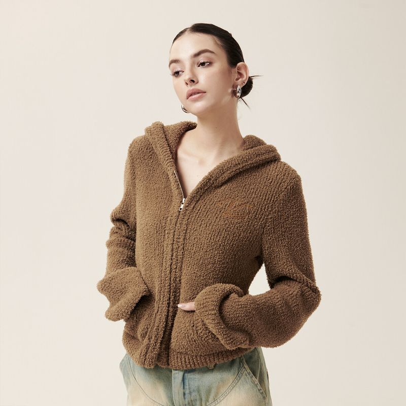 Pull à capuche zippé en velours doux et moelleux, doux pour la peau, manches cloches, taille cintrée_voghion.com