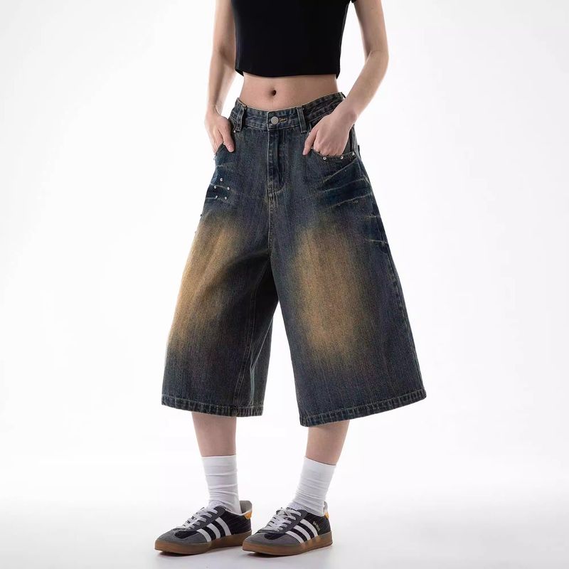 Pantaloncini in denim con rivetti lavati in stile americano per uomo e donna, pantaloni capri larghi casual alla moda estivi_voghion.com
