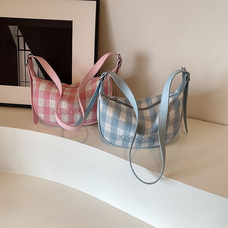 Large-Capacity Canvas Women's Bag Shoulder Bag Crossbody Bag Plaid Dumpling Bag_voghion.com