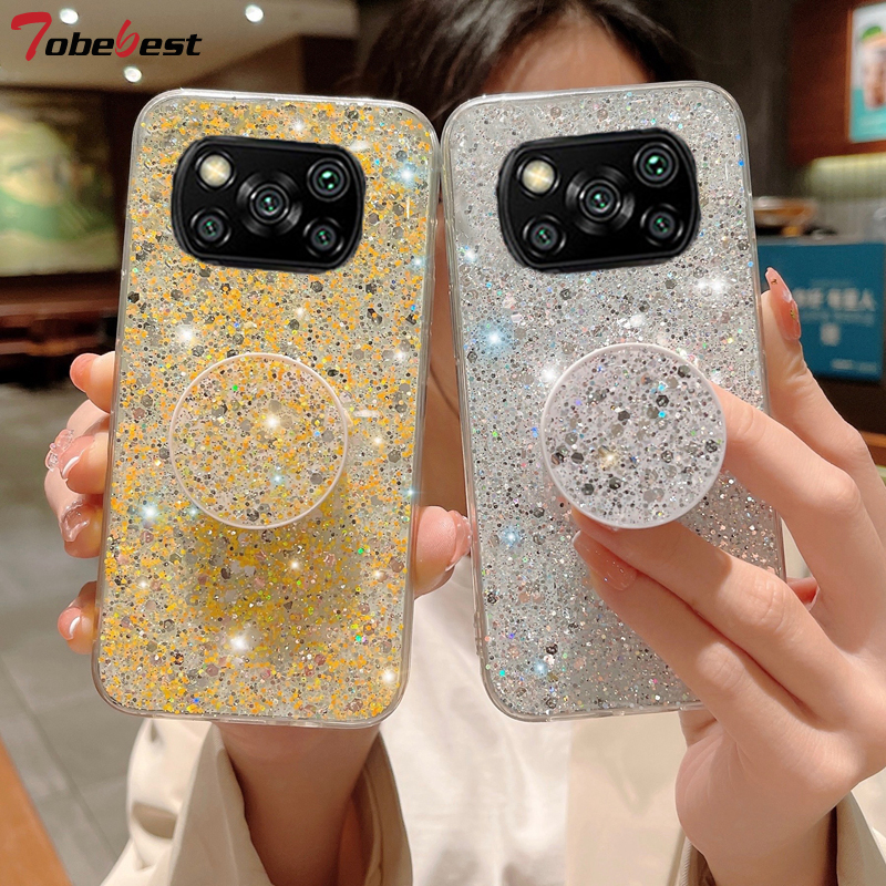 Shiny Glitter Gypsophila telefonholder Veske For Xiaomi POCO X3 NFC M3 Pro Bling Gull Sølv Folie Silikondeksel_voghion.com