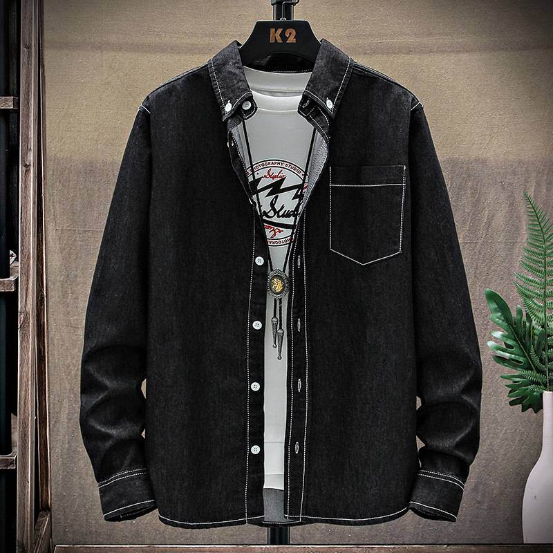 Abbigliamento maschile Primavera e autunno Tinta unita Giovani Camicia in denim a maniche lunghe Classico Casual Versatile Giacca_voghion.com