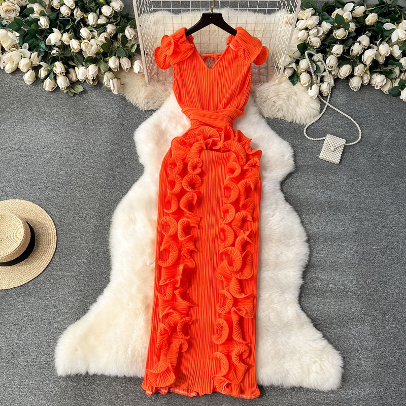 Bankett High-End-Kleid High-End-Licht Luxus Nische Plissee Dreidimensionale Rüschen Schlank Lange Temperament Kleid Für Frauen_voghion.com
