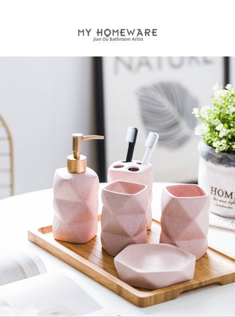 Pastel Ceramic Bathroom Set – 4/5/6-Piece Soap Dish, Toothbrush Holder & Tumblers For Modern Vanities (Irregular Shape, Soft-Touch Finish)_voghion.com