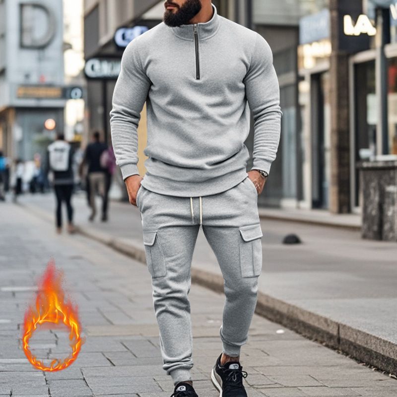 Fleecegefüttertes Sweatshirt-Set mit Viertelreißverschluss für Herren – Slim Fit Thermo-Jogging-Outfit für Herbst und Winter_voghion.com