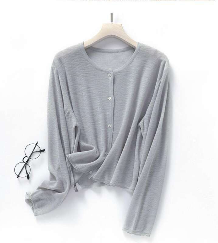 Cardigan lavorato a maglia in lino con nodi di bambù da donna, sottile, girocollo, giacca in seta ghiacciata, scialle esterno largo, camicia con aria condizionata_voghion.com