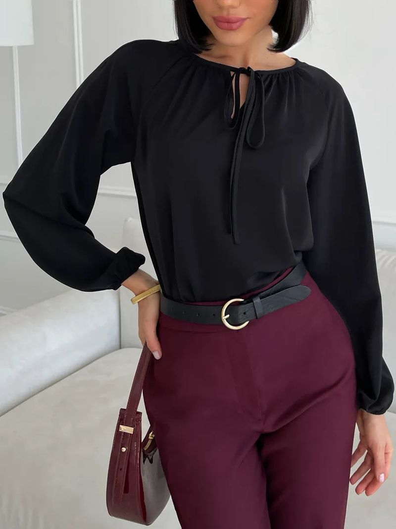 2025 New Women's Top With French Temperament, Tie Up Round Neck Shirt, Long Sleeved, Simple And Fashionable_voghion.com
