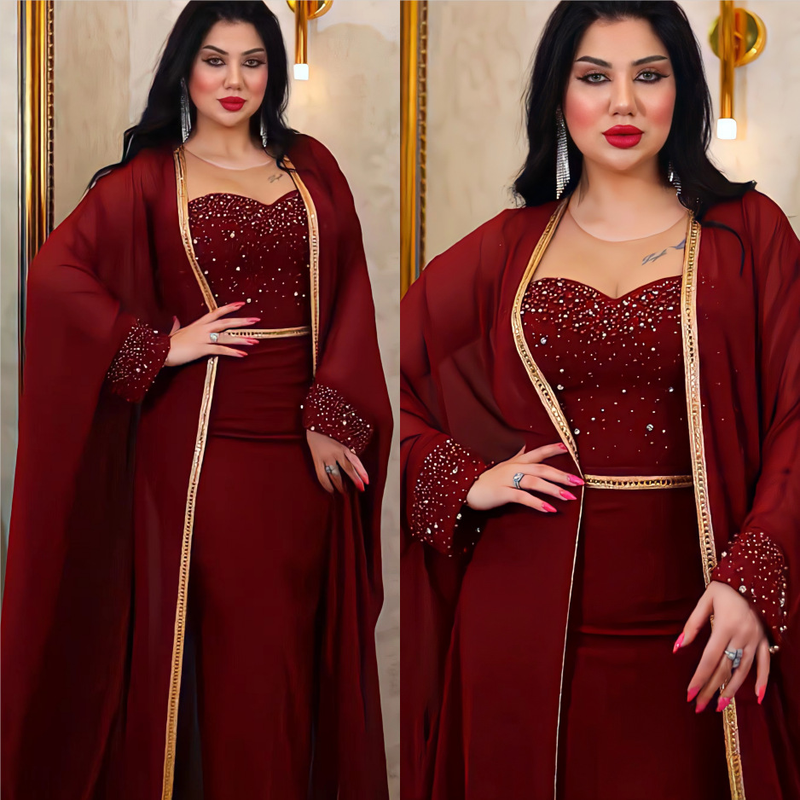 Women's Clothing Middle Eastern Muslim abaya women's light luxury dress suit mesh beading two piece dress robe_voghion.com