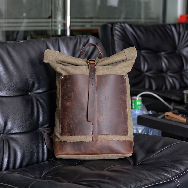 2025s Washed Canvas Large Capacity Roll-Top Expandable Backpack Men's Outdoor Hiking Bag_voghion.com