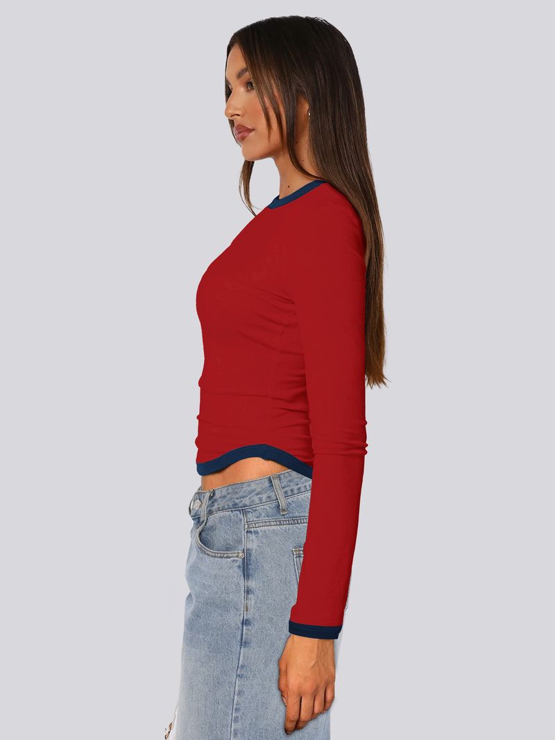Blusa feminina primavera verão 2025, manga comprida, gola redonda, slim fit, bloco de cores_voghion.com