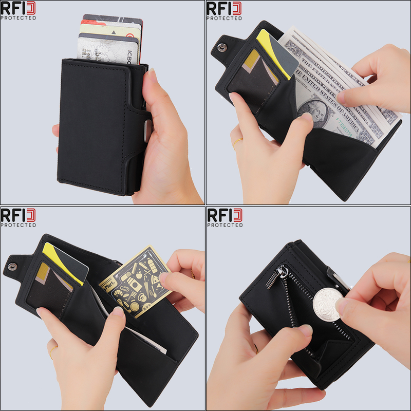 Dienqi carteira masculina de fibra de carbono, carteira pequena com três dobras em couro preto e mágico, bolsa pequena para dinheiro_voghion.com