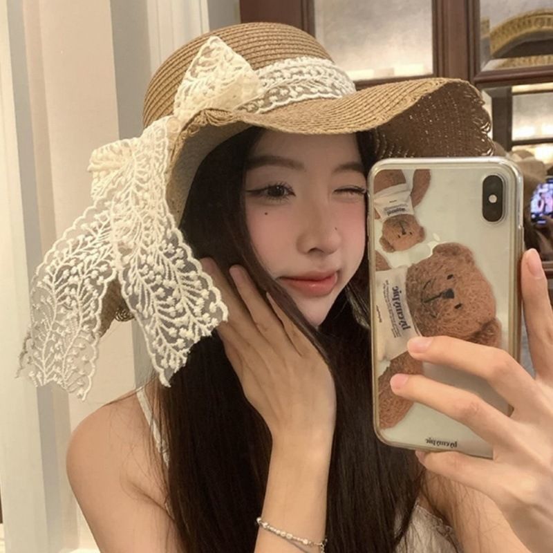Cappello di paglia in pizzo estivo, cappello di paglia con protezione UV, foto di ragazza in spiaggia al mare, tesa larga_voghion.com