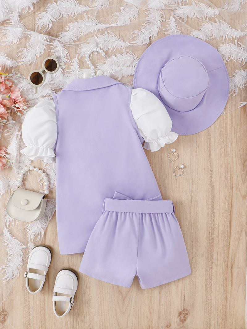 2024-es nyári buborékos ujjú felső + egyszínű rövidnadrág + ujjatlan kabát + sapka lányka szett_voghion.com