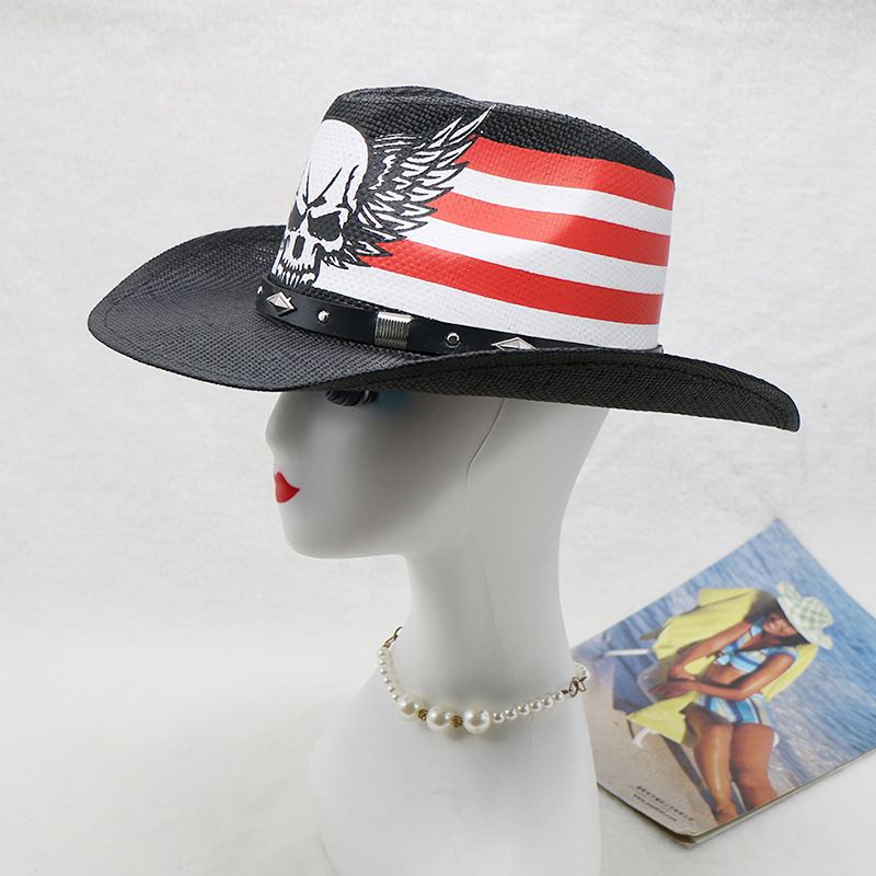 Chapéu de cowboy ocidental chapéu preto masculino ao ar livre crânio estilo chapéu de palha enrolado_voghion.com