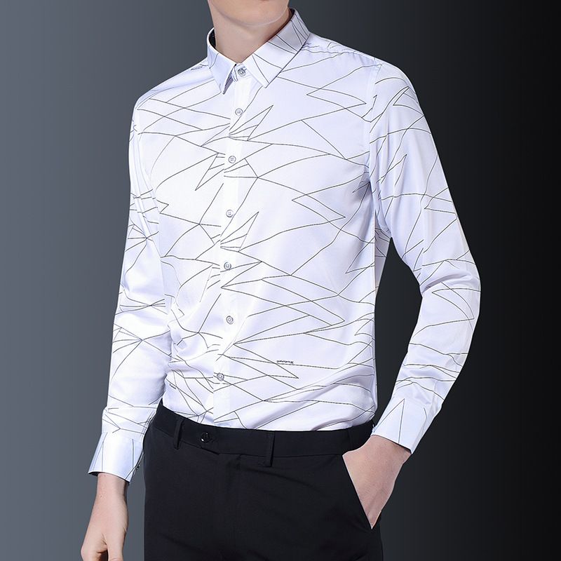 Herenoverhemd met lange mouwen, slim fit, strijkvrij, elastisch dun overhemd, zijden katoen, donker patroonprint, casual voering, lange mouwen_voghion.com