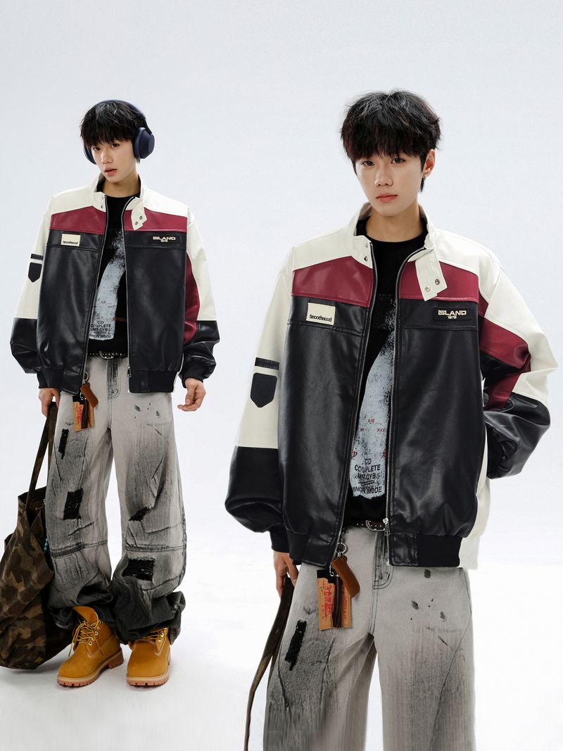 Combinaison de moto américaine en cuir PU pour homme, style automne, patchwork, col montant, style aviateur_voghion.com