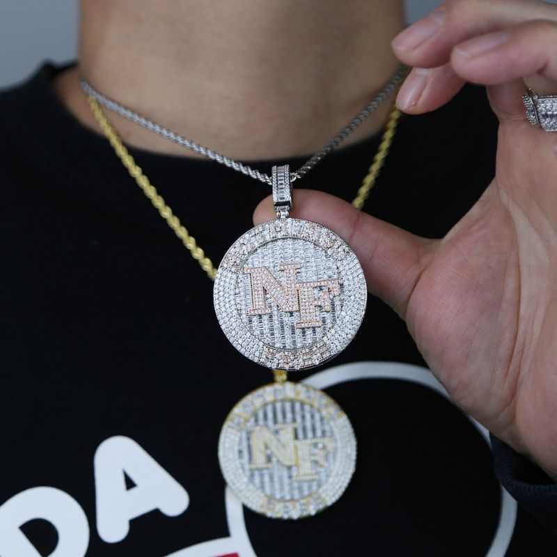 Colar com pingente de letra NF para joias masculinas com pedras CZ, estilo hip hop de rua, corrente de 60 cm (prata/ouro), joias personalizadas_voghion.com
