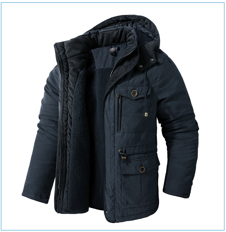 Men's Plus Size Shearling Hooded Cotton Jacket Thickened Multi-Pocket Cotton Top Casual Mid-Length Coat_voghion.com