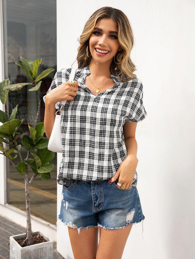 Casual geruit overhemd met V-hals en korte mouwen Smoking geruit overhemd top dames_voghion.com