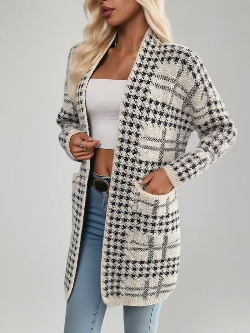 Chic Longline Houndstooth Cardigan – Oversized Open-Front Knit Wrap (Work To Weekend)_voghion.com