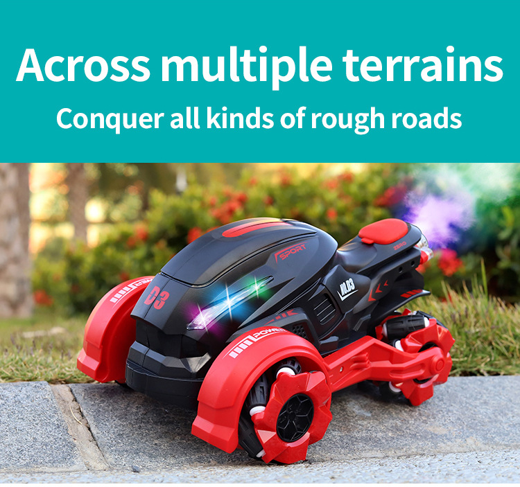 Motocicleta de acrobacias con rociador para niños, control remoto todoterreno con carga USB, lado giratorio de deriva de alta velocidad_voghion.com
