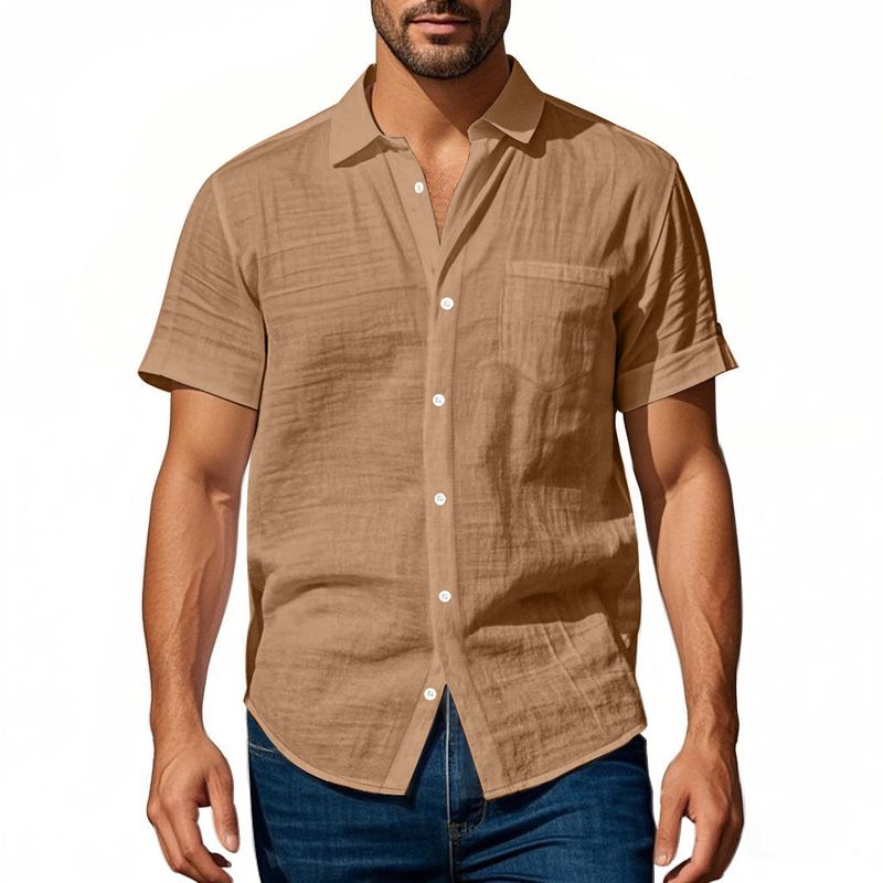Herrenbekleidung Leinen Lose Casual Revers Casual Kurzarmhemd_voghion.com