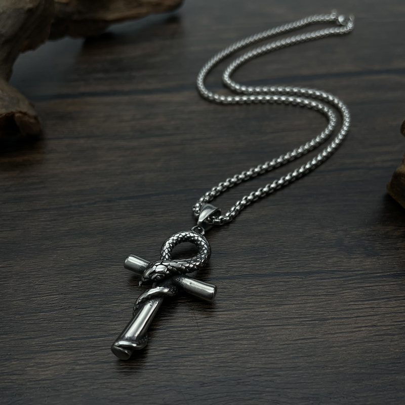 Manba Snake Cross Pendant Trendy Men's Personalized Titanium Steel Necklace_voghion.com